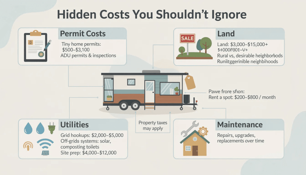 Image The image depicts a detailed infographic outlining the hidden costs associated with building a tiny home including permit costs land expenses utility hookups and maintenance It highlights the financial considerations tiny homeowners need to keep in mind such as the average price of permits and land as well as potential monthly rental costs for land