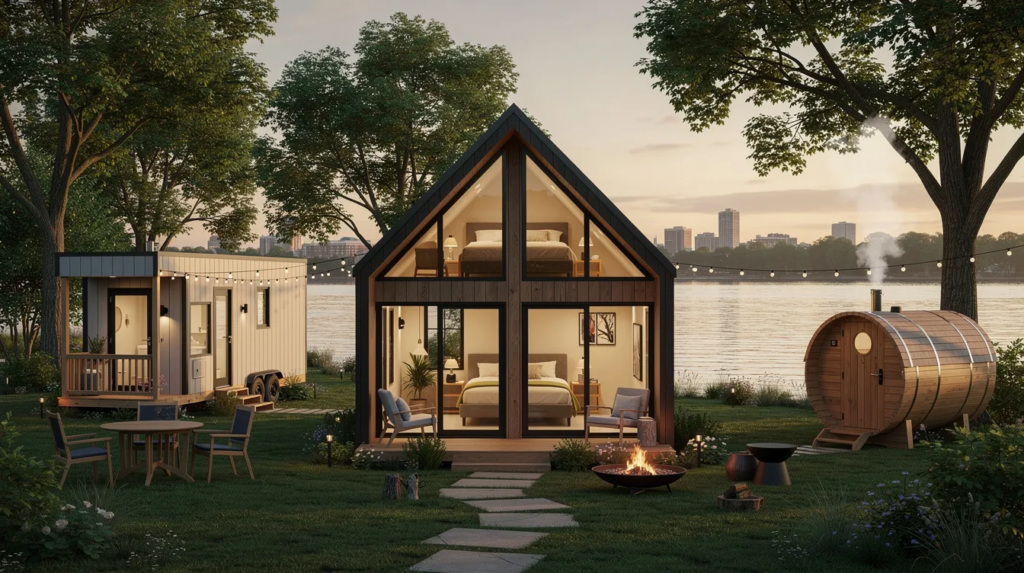 Image The image depicts a cozy tiny home for rent in Washington DC showcasing its modern design and efficient use of living space Surrounded by nature the rental features amenities like a private bathroom and a sauna with peaceful views of the Potomac River making it an ideal choice for guests seeking a unique living experience in the city