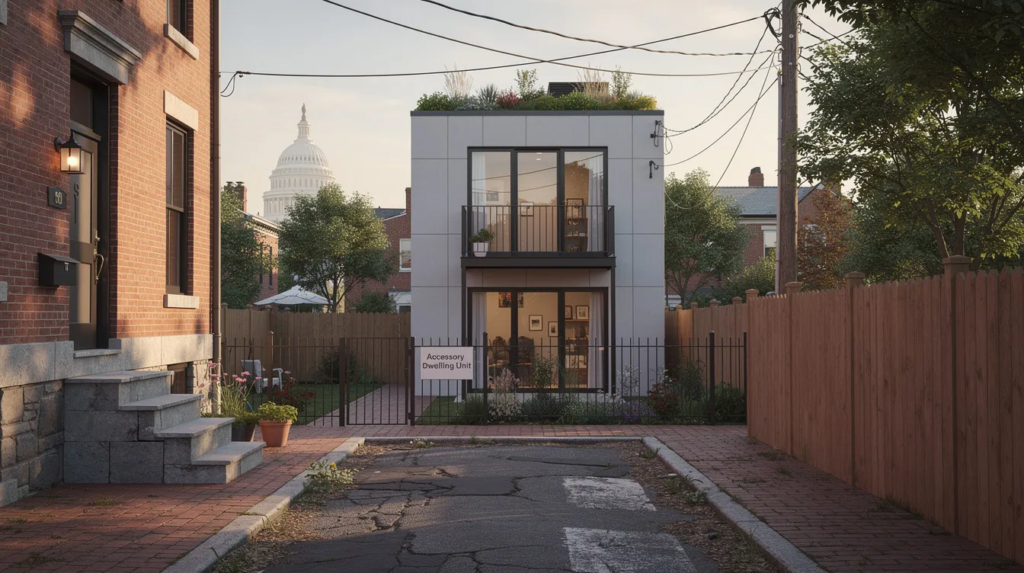 Image The image showcases various Accessory Dwelling Units ADUs in Washington DC featuring tiny houses designed as ideal living spaces for guests These tiny homes are surrounded by nature offering plenty of views of the Potomac River with some units including amenities like a sauna and modern bathrooms