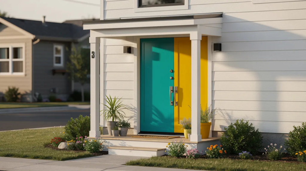 Image A vibrant front door adds character and enhances the curb appeal of a tiny house making it a striking focal point of the entryway The brightly painted door frame stands out against the surrounding walls inviting warmth and charm into the small space