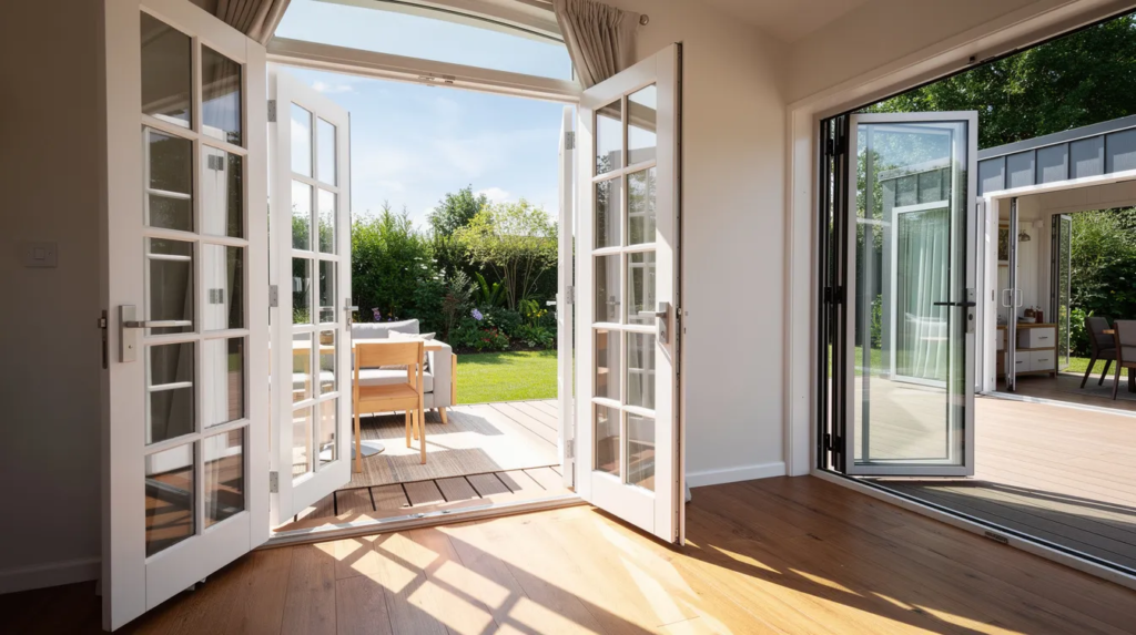 Image The image showcases elegant French doors installed in a tiny house featuring glass panels that allow natural light to flood the interior enhancing the sense of space The doors open out onto a deck seamlessly connecting the indoor living area with the outdoor environment