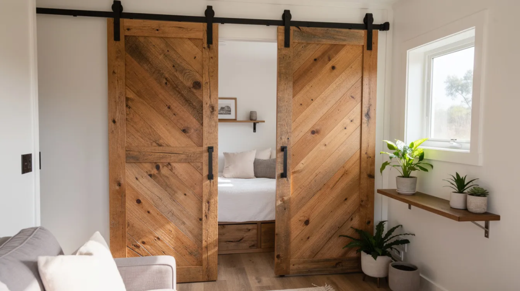 Image The image showcases stylish barn doors installed in a tiny house sliding smoothly along a track to save floor space while adding rustic charm to the entryway The wooden panels feature a warm finish enhancing the cozy atmosphere of the small space
