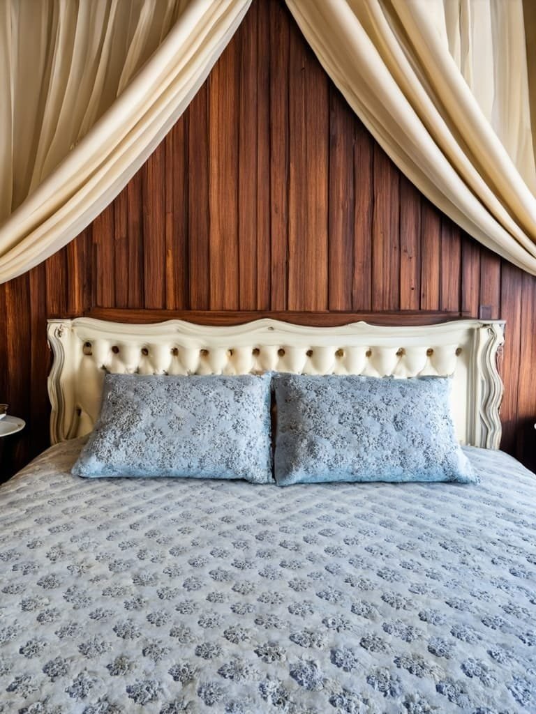 Image A bed with fabric draped above the bed
