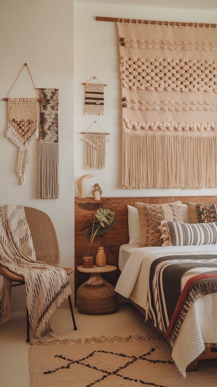 Incorporating_cultural_elements Cozy small boho bedroom with woven textiles and natural materials