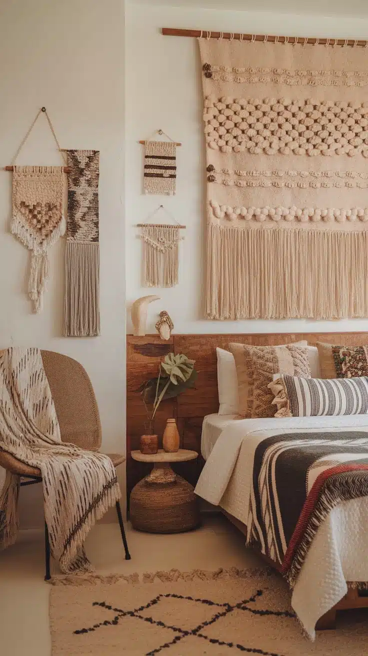 Incorporating_cultural_elements Cozy small boho bedroom with woven textiles and natural materials