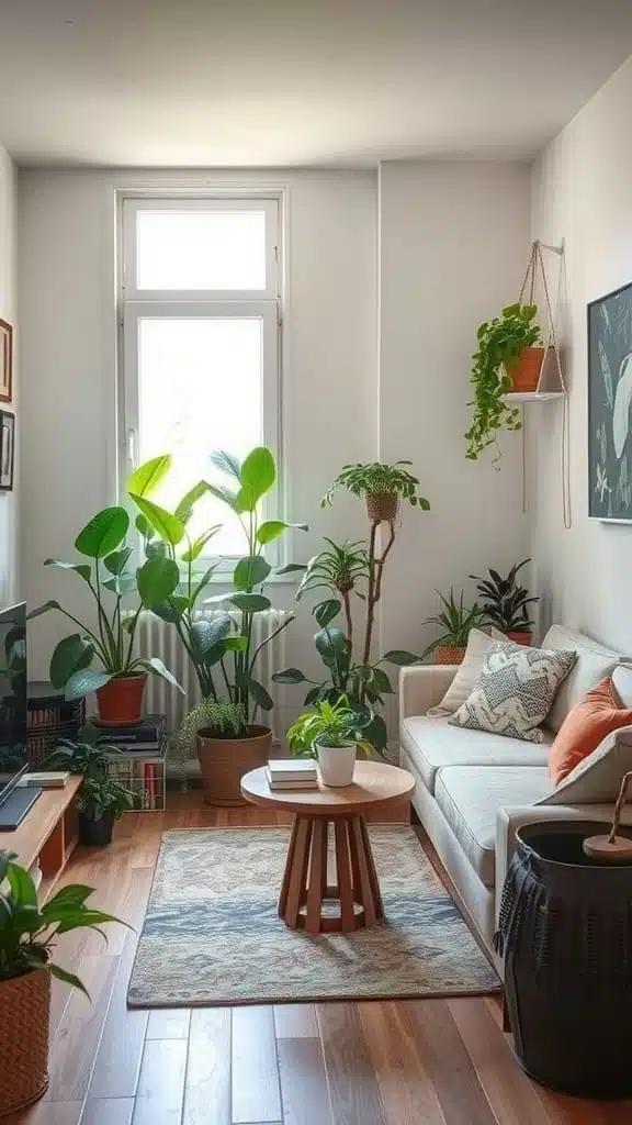 Incorporating_nature_with_indoor_plants A cozy living room filled with various indoor plants showcasing a light and inviting atmosphere