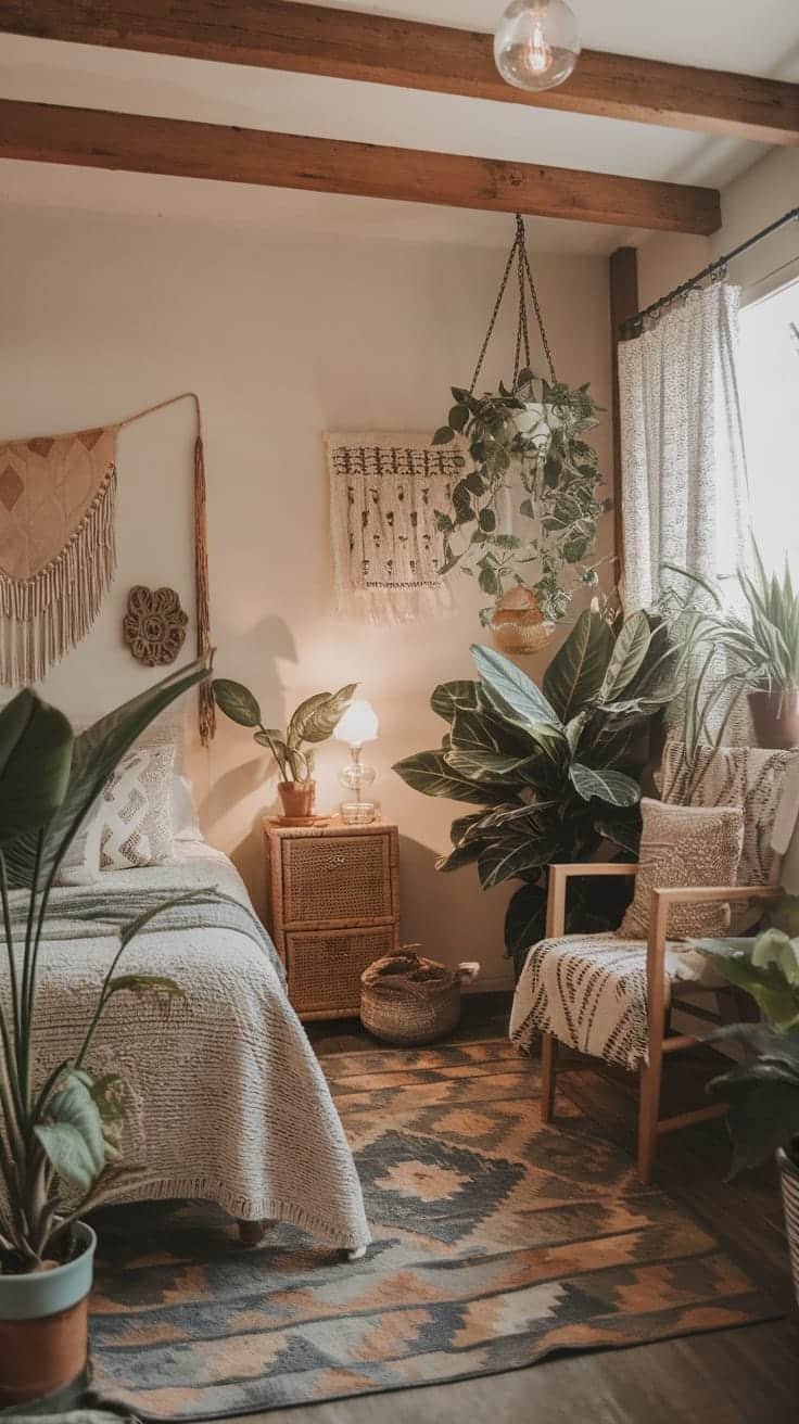 Indoor_plants_for_freshness A cozy small boho bedroom featuring indoor plants warm lighting and rustic decorations