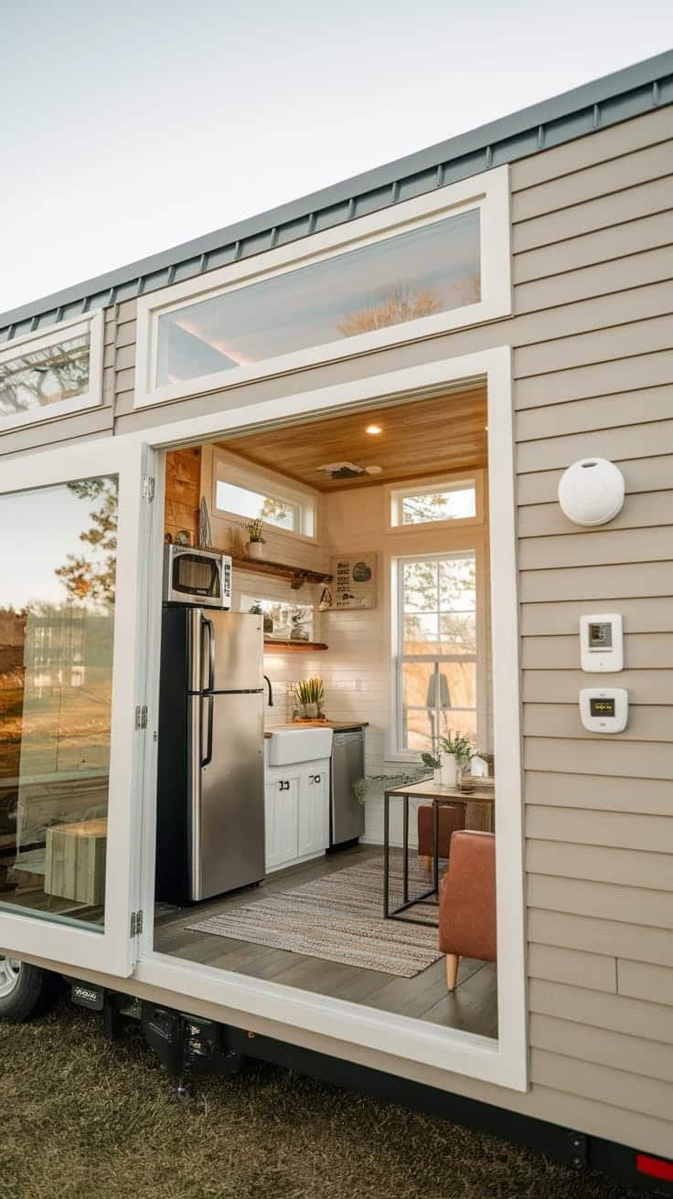 Innovative_technologies_for_tiny_house_efficiency A view of the interior of a tiny house showing a kitchen area and living space
