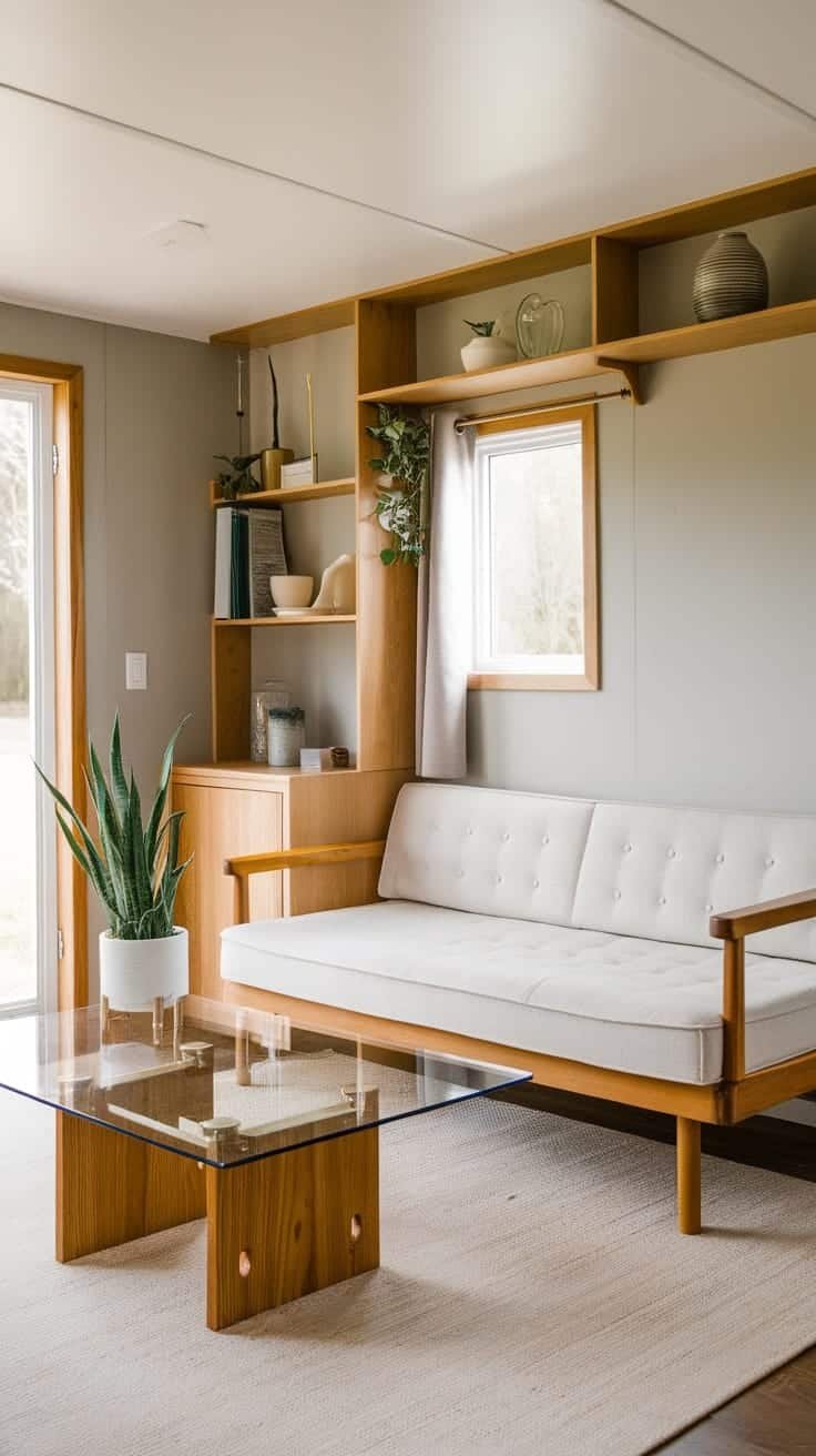 Interior_decor_ideas_for_tiny_house_park_models Interior of a tiny house with a minimalist design featuring a sofa and a coffee table