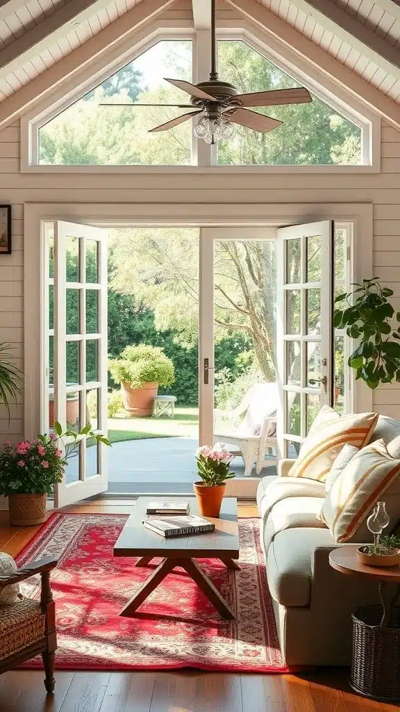 Inviting_outdoor_connection_with_french_doors Cozy living room with open French doors leading to a garden