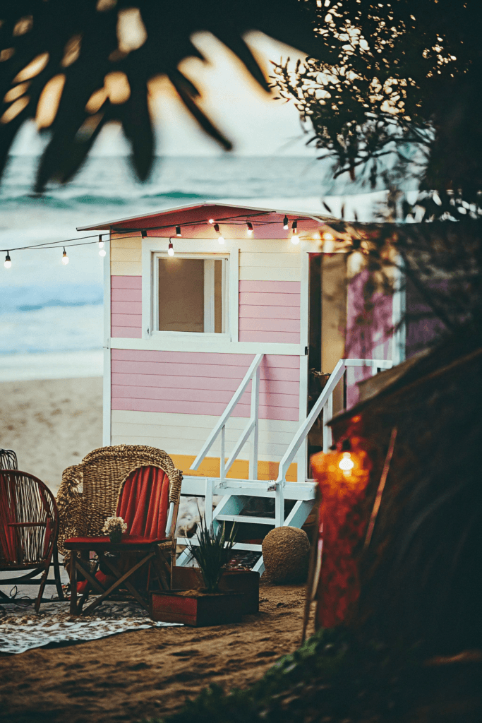 Lakeside vintage A colorful vintage style tiny house with retro decor set near the beach String lights hang above an outdoor seating area creating a warm and inviting atmosphere