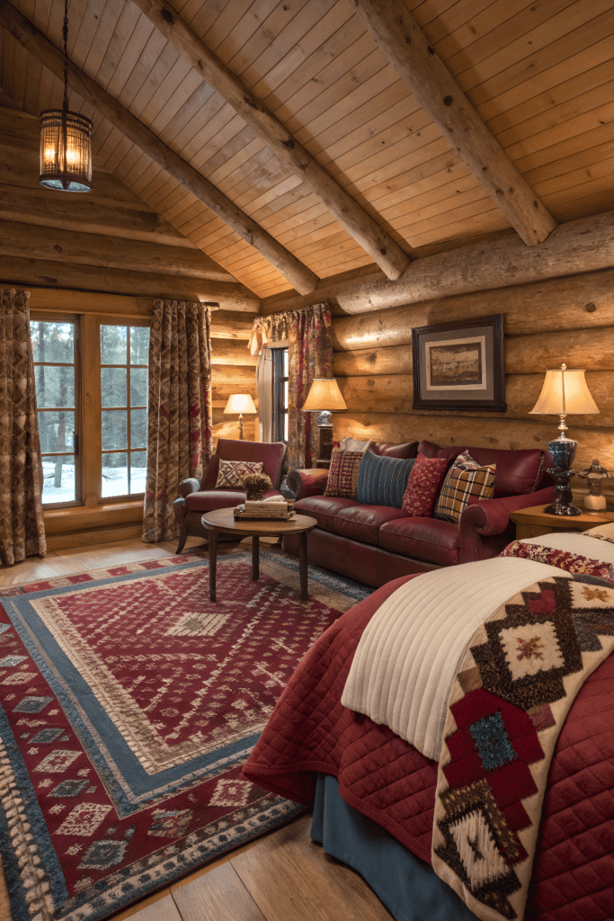 Layered area rugs layered area rugs and layered bedding blankets in a cozy bedroom cabin