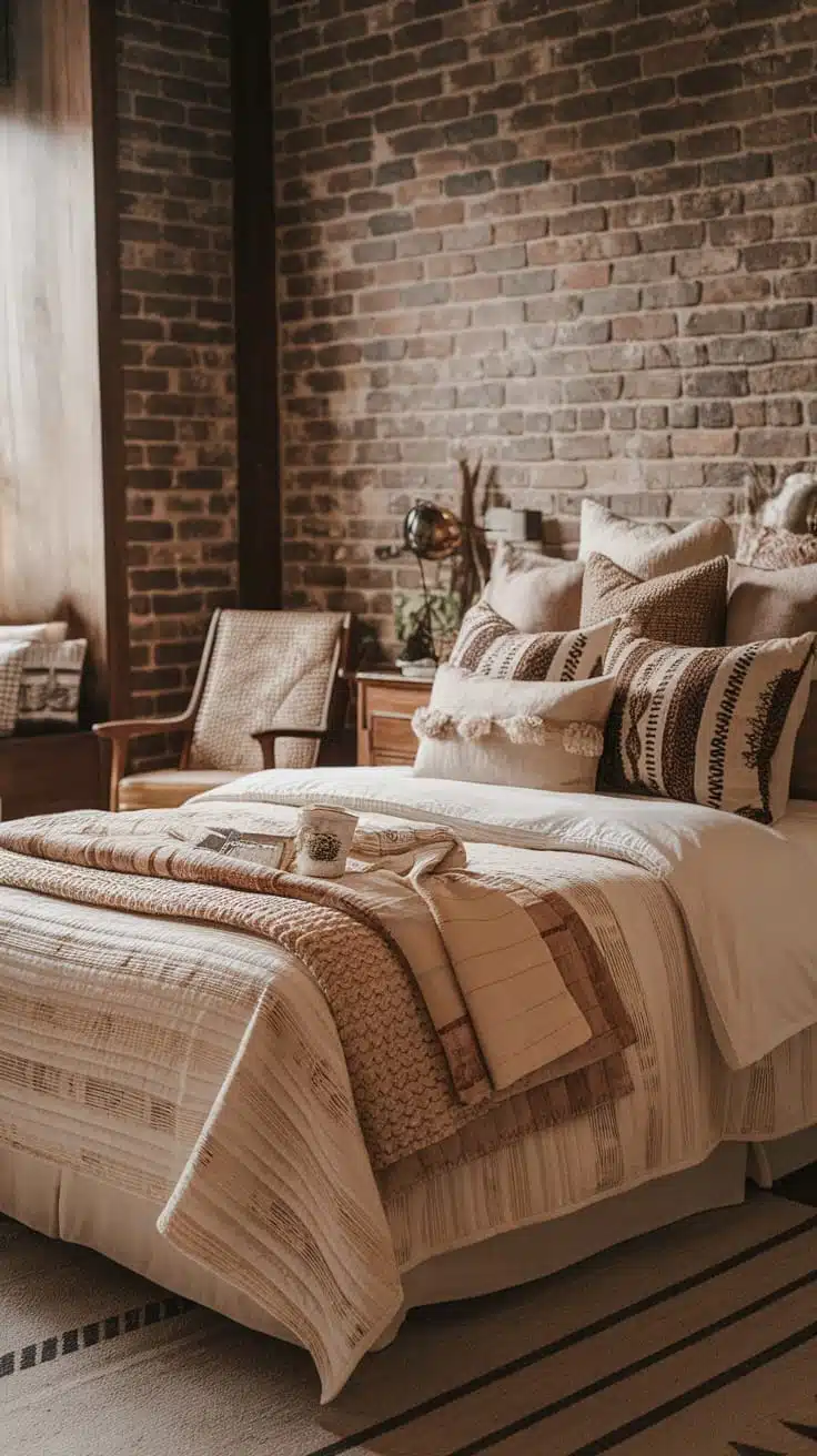 Layered_textiles_for_comfort Cozy small boho bedroom with layered textiles and warm colors