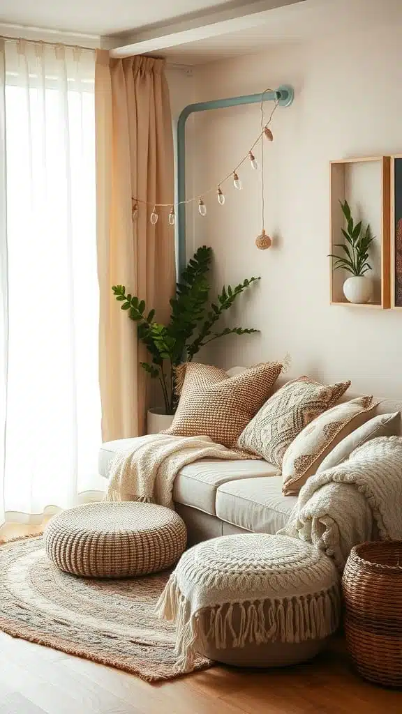 Layered_textures_for_comfort Cozy cottage living room with layered textures including a sofa pillows and rugs
