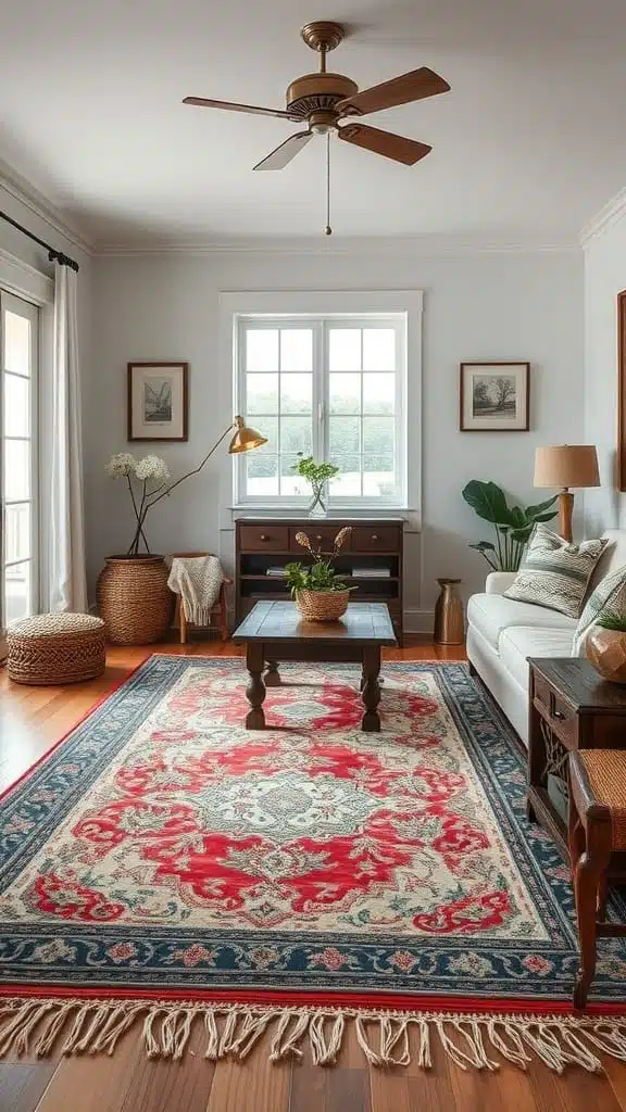 Layering_rugs_for_comfort_and_style Cozy living room with layered rugs a coffee table and light colored furniture