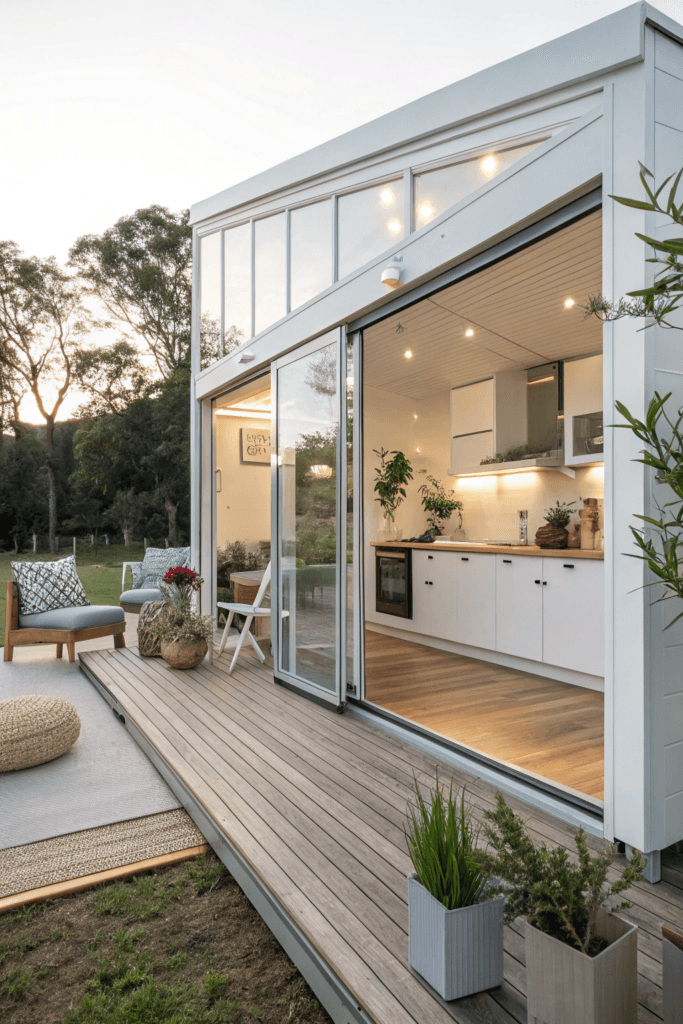 Light filled tiny home A modern, light-filled tiny home that highlights its open floor plan through its glass walls and indoor-outdoor living space. The image shows a minimalist kitchen seamlessly flowing into a chic living area and out to a partially covered deck with modern outdoor furniture.