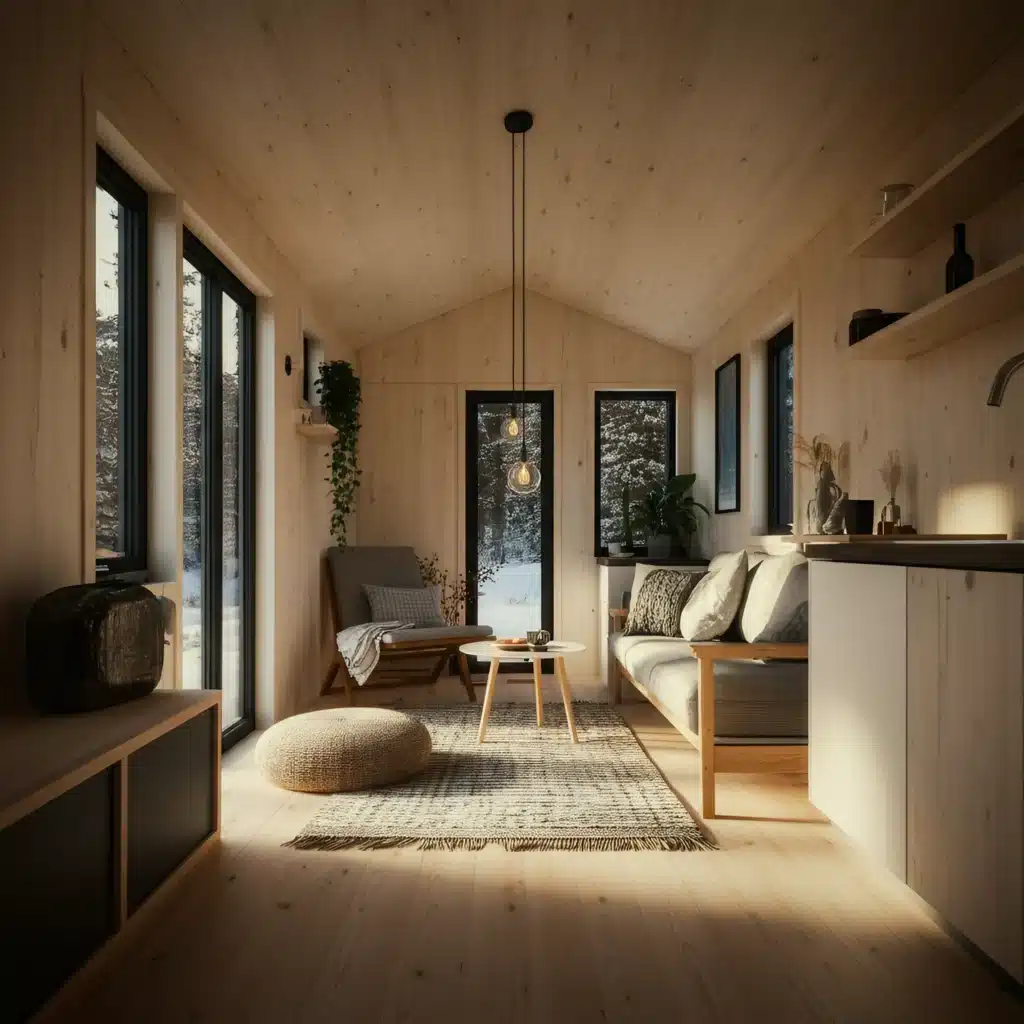 Living room This image showcases a minimalist Scandinavian living room bathed in natural light Large windows brighten the space highlighting clean lines and natural materials like wood and stone The neutral color palette of soft whites and grays is warmed up by lovely wood accents Simple functional furniture creates a cozy feel with a soft rug and cushions adding extra comfort The space feels calm inviting and perfectly balanced showing off the true beauty of Scandinavian design