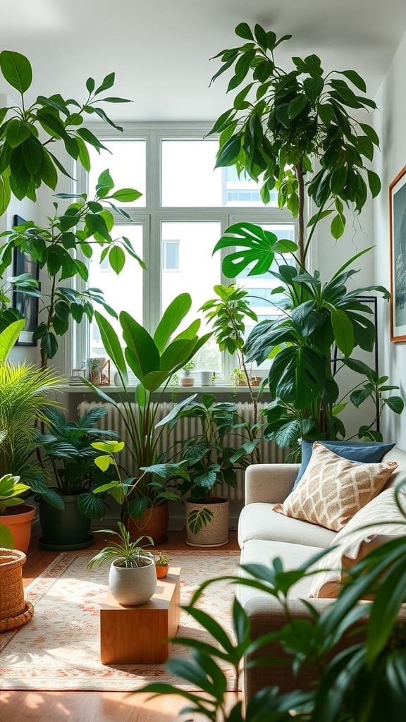 Lush_green_plants_for_freshness A cozy living room filled with various lush green plants creating a fresh and inviting atmosphere