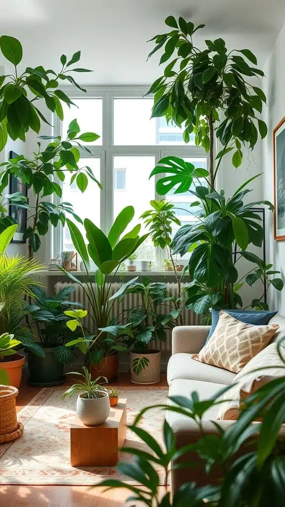 Lush_green_plants_for_freshness A cozy living room filled with various lush green plants creating a fresh and inviting atmosphere