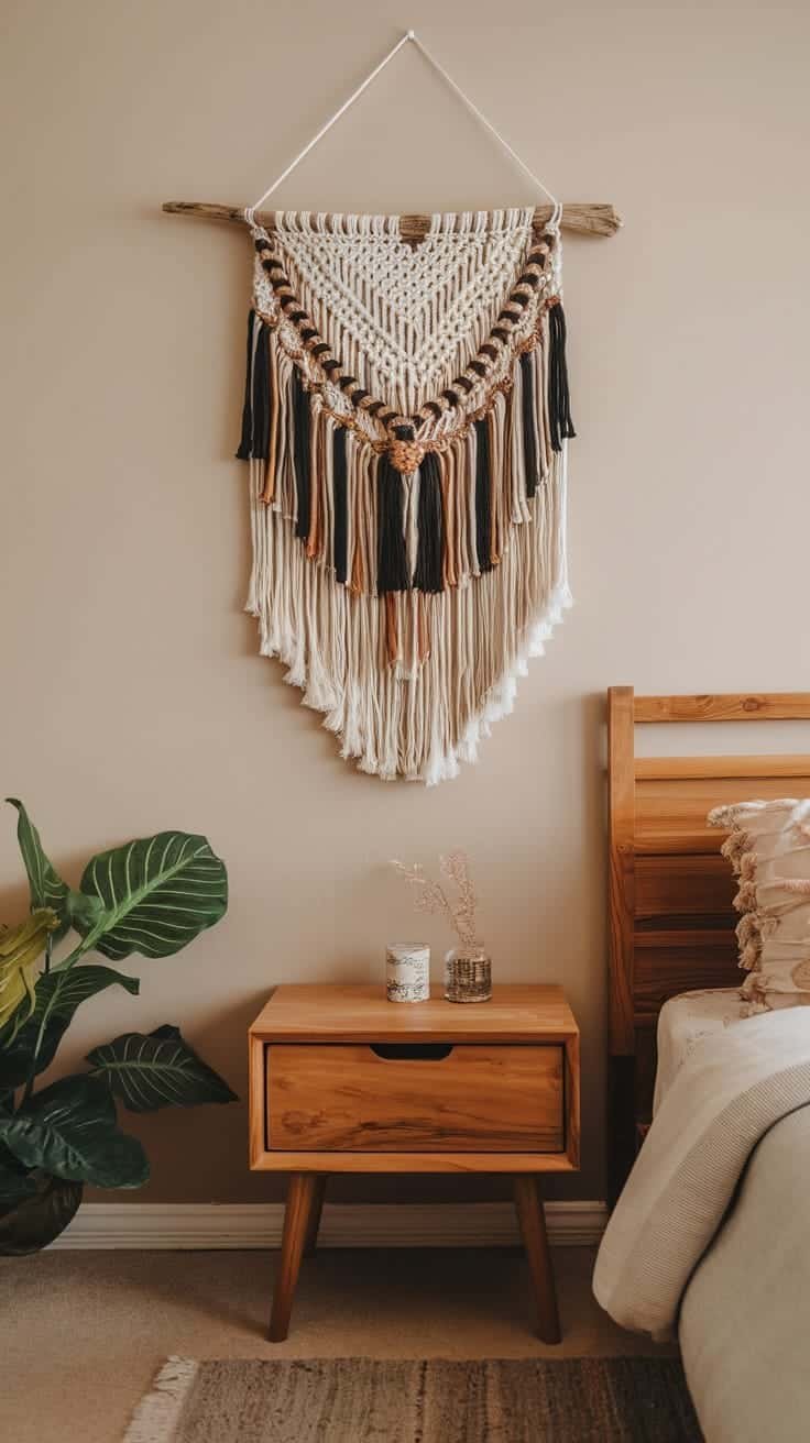 Macramc3a9_wall_hangings_as_focal_points Macramé wall hanging in a small boho bedroom with wooden furniture and plants