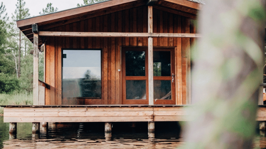 Marion A humble wooden cabin perched at the water's edge, complete with a dock stretching into the lake. The screened-in porch offers a cozy retreat, while a cheerful dog relaxes on the deck, soaking in the serene view.