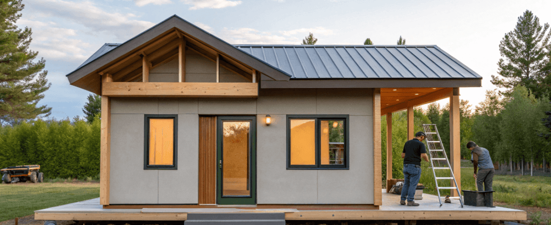 micro house builders working on a micro house
