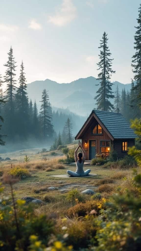 Mindful_living_in_a_tiny_house A person practicing yoga outside a tiny house in a forested area surrounded by tall trees and mountains