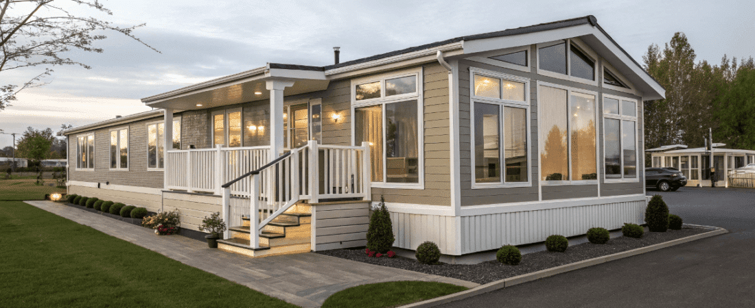 white mini mansion mobile home on a grassy patch