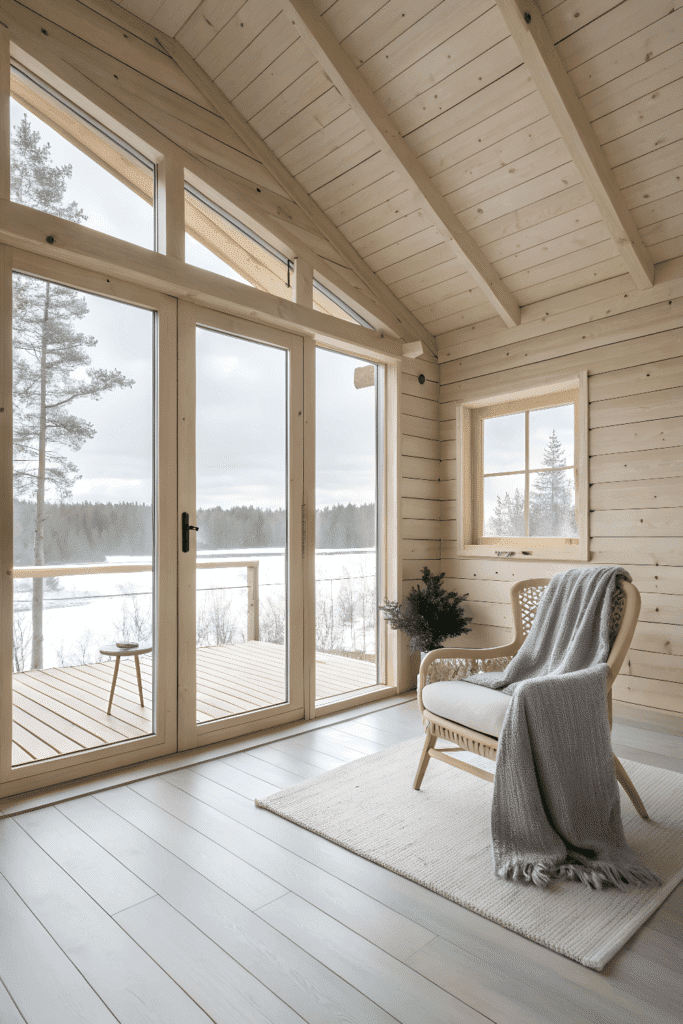 Minimalist cabin white minimalist cabin with wooden interior and chair