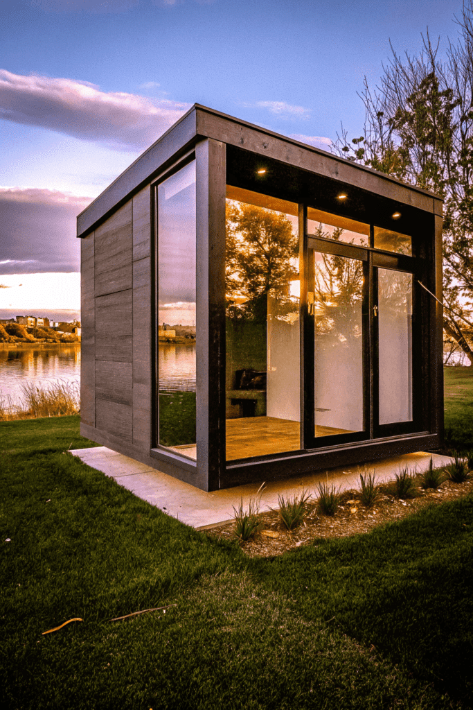Minimalist tiny home A sleek cube shaped tiny house with expansive floor to ceiling windows emphasizing natural light and clean lines The house is perched by a serene lake surrounded by trimmed grass and features modern black and gray tones with hints of wood accents for contrast
