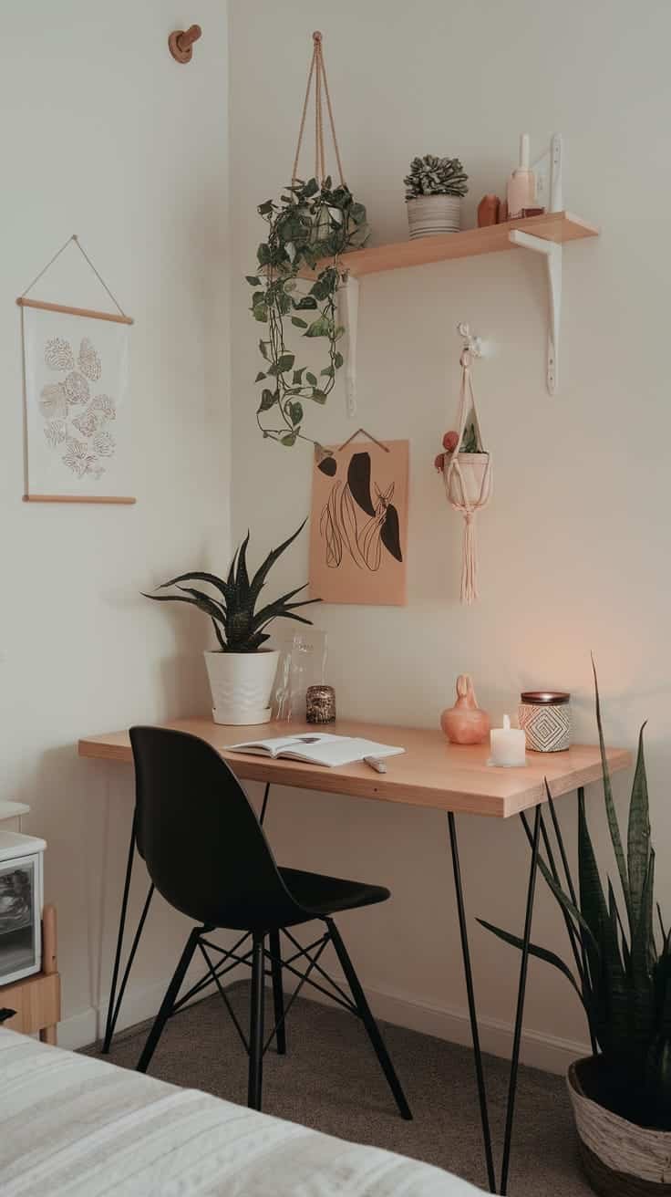 Minimalistic_desk_area_for_creativity Minimalistic desk area in a small cozy boho bedroom with plants and art