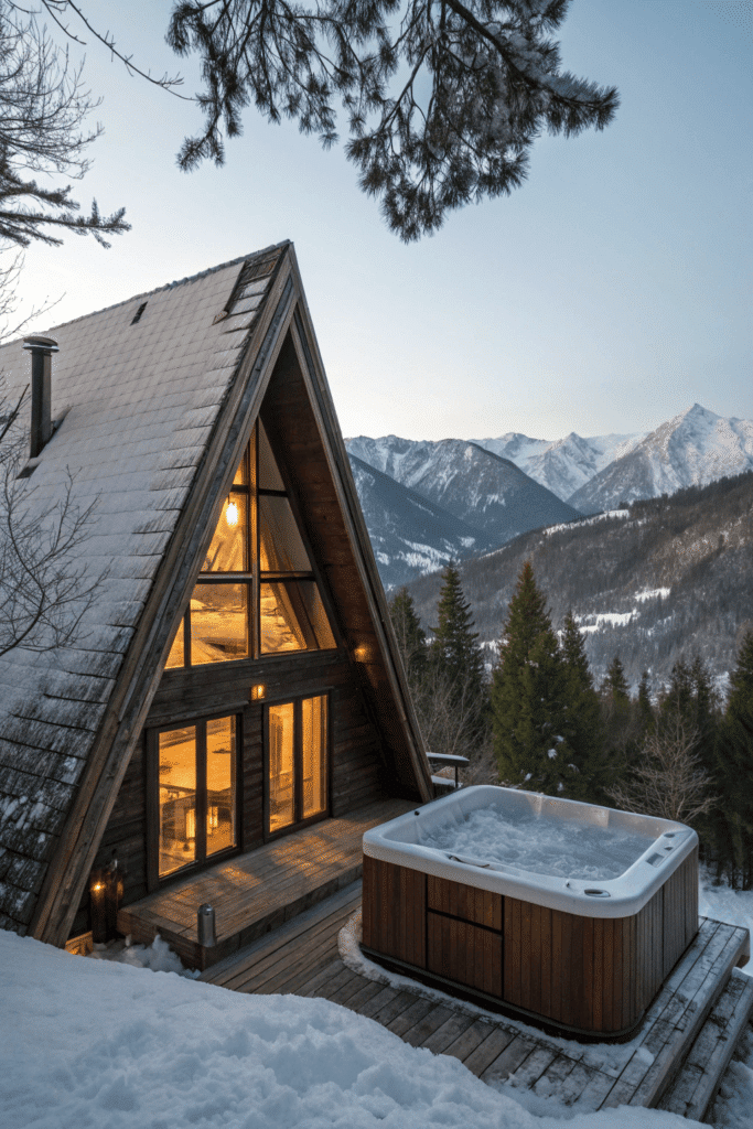 Mountain house A snug A-frame cabin tucked into a snowy mountainside. The steeply sloped roof is covered with snow, and the warm glow of lights from the triangular windows contrasts with the frosty surroundings. The wooden deck boasts an outdoor hot tub overlooking a breathtaking alpine view.