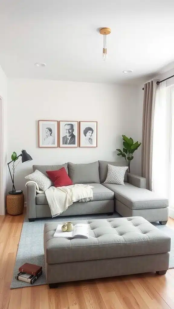 Multifunctional_furniture_solutions A cozy cottage living room with a sectional sofa a storage ottoman and framed photos on the wall