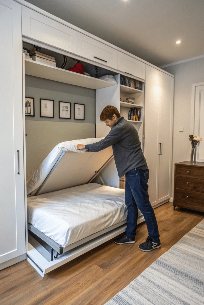 A photo of a modern bedroom setting featuring a contemporary bed setup. The main subject is a Caucasian male with a short, neat hairstyle, dressed in a casual, contemporary outfit. He is actively engaged in the process of adjusting the bed. The room has a light, modern aesthetic with a mix of cabinetry, a wooden floor, and soft, ambient lighting. The overall style is contemporary, with a focus on functionality and <a href='https://exploretinyhouse.com/modernist-tiny-house/'>minimalist design</a>. The color palette is muted.” class=”wp-image-1038″/></figure><p>Murphy beds are a great choice.</p><p>They <a href=