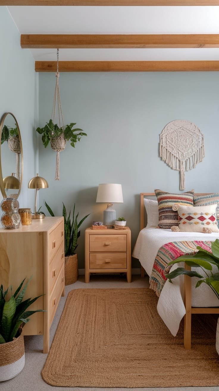 Natural_wood_furniture_choices Cozy small boho bedroom featuring natural wood furniture plants and colorful textiles