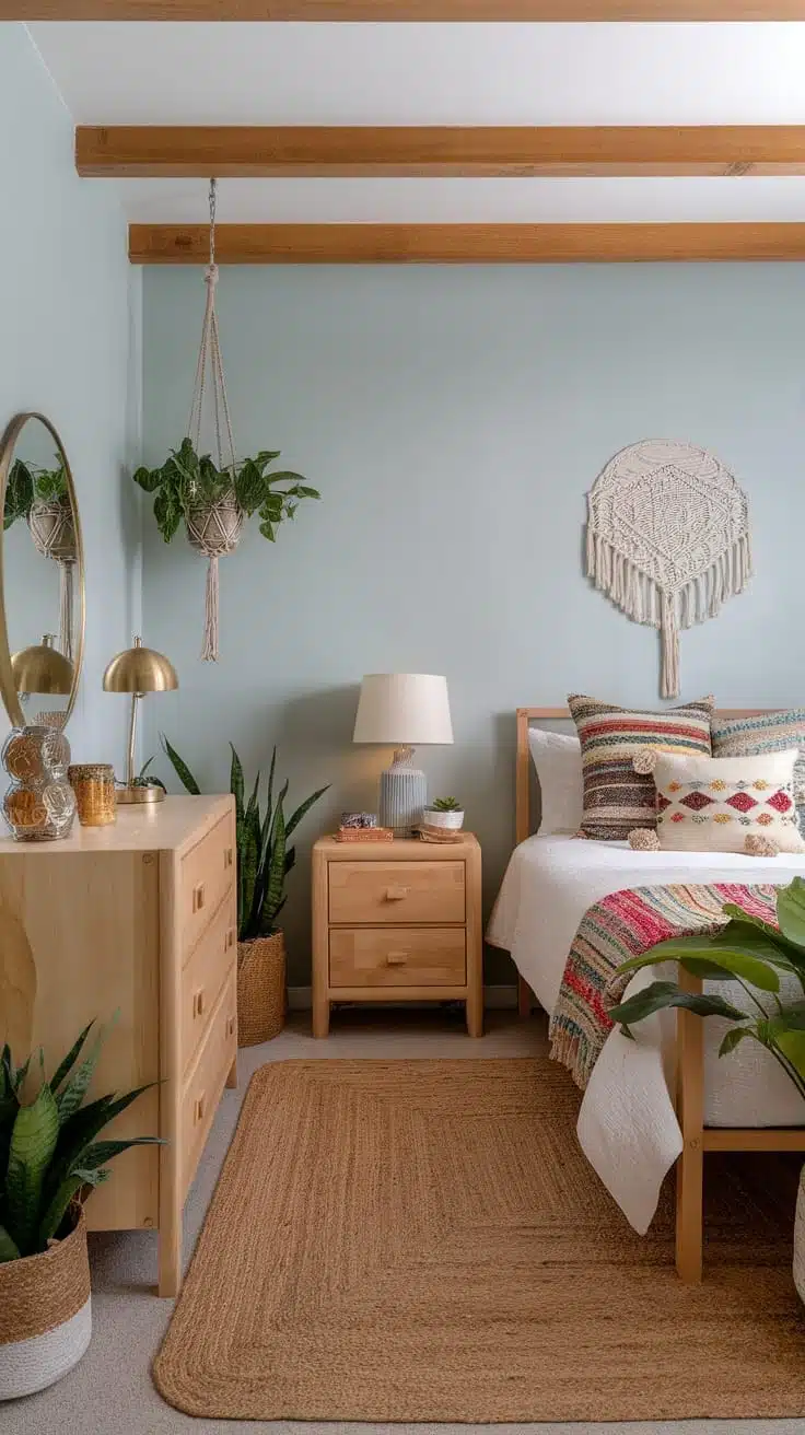 Natural_wood_furniture_choices Cozy small boho bedroom featuring natural wood furniture plants and colorful textiles