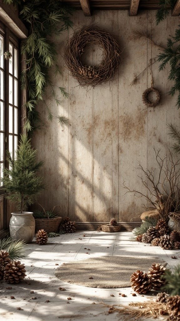 Natureinspired_decor_elements A cozy cabin corner decorated with pinecones and greenery