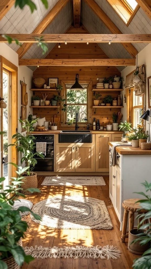 Natureinspired_interior_design Cozy kitchen in a tiny house with wooden beams plants and natural light