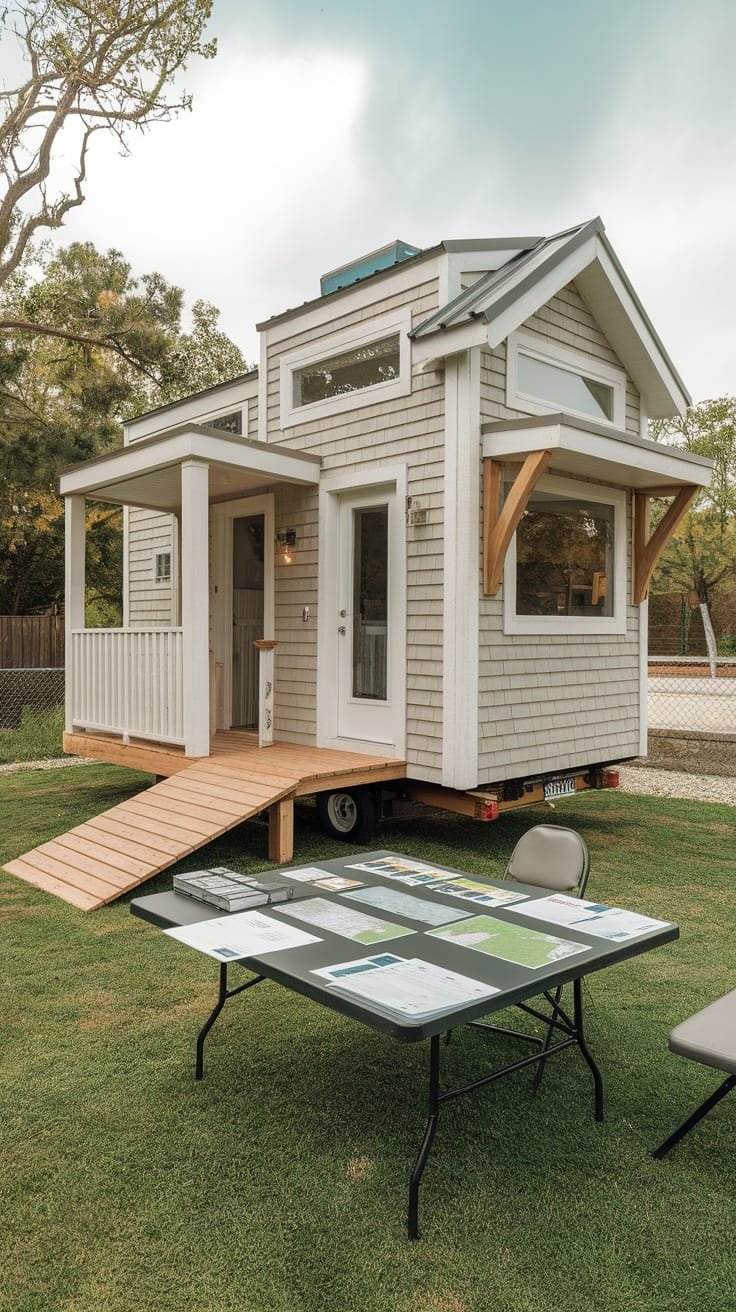 Navigating_zoning_regulations_for_tiny_houses A tiny house with a wooden ramp and a table displaying plans and documents