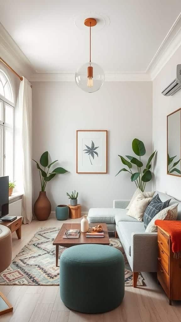 Neutral_palette_with_pops_of_color A cozy living room featuring a neutral color palette with pops of teal and orange complemented by plants and artwork