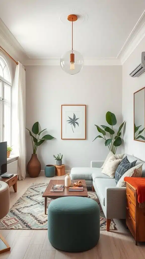 Neutral_palette_with_pops_of_color A cozy living room featuring a neutral color palette with pops of teal and orange complemented by plants and artwork