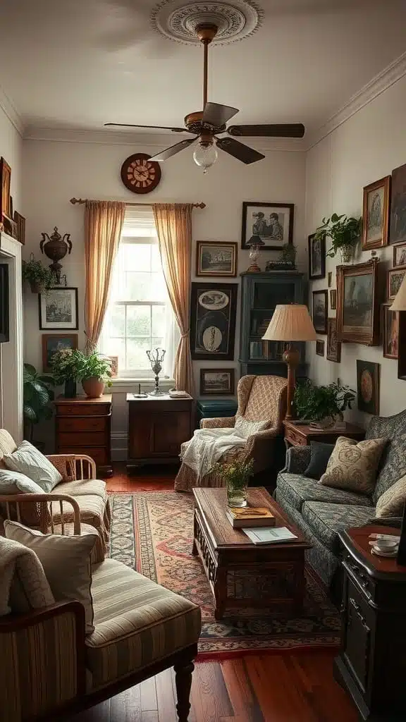 Nostalgic_charm_with_antique_finds Cozy living room with antique furniture plants and framed pictures on the walls
