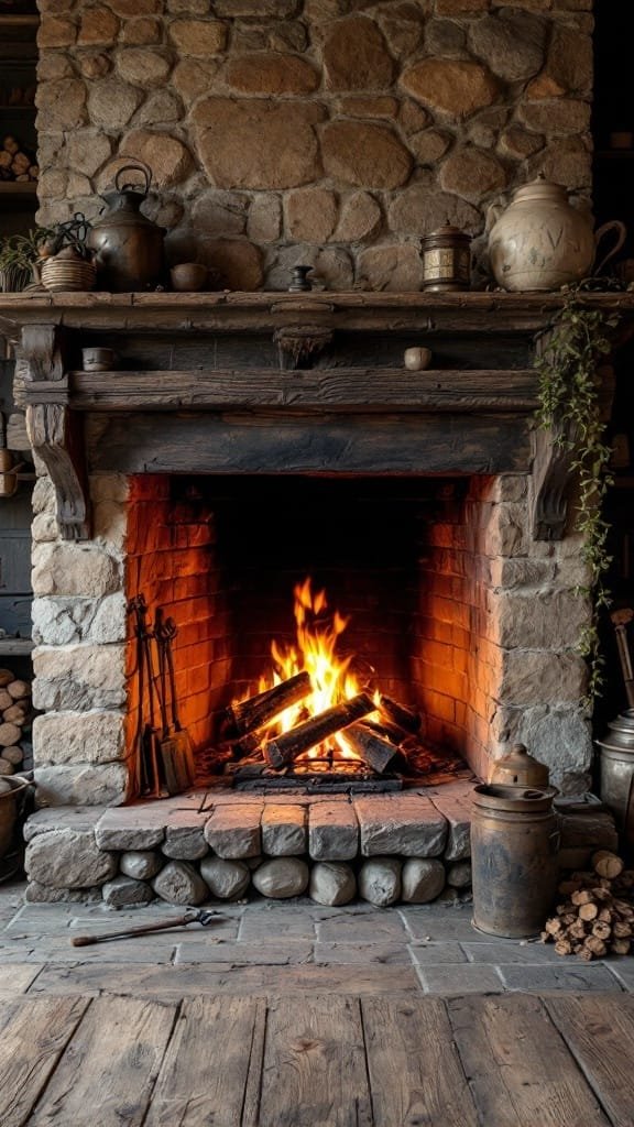 Oldfashioned_fireplaces A rustic stone fireplace with a roaring fire surrounded by antique decor