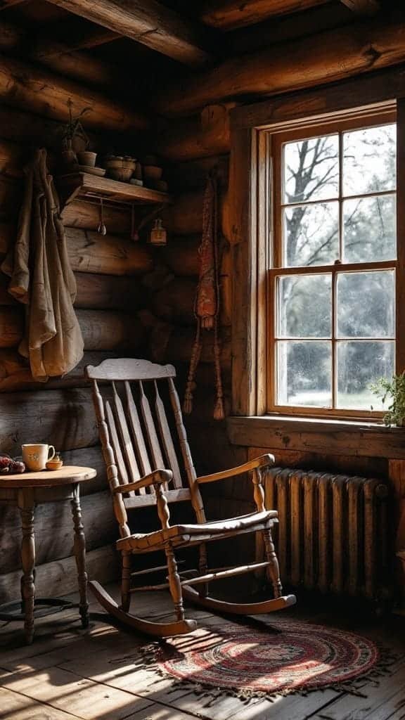 Oldstyle_cabin_furniture_arrangement A rustic cabin interior featuring a rocking chair a small table with a cup and a window with natural light
