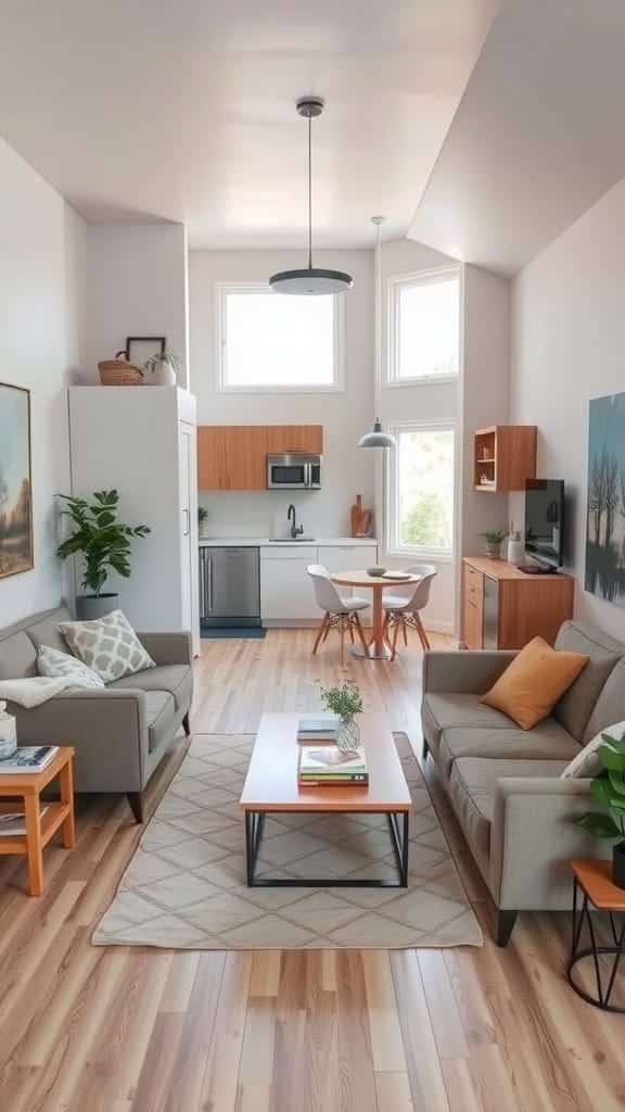 Open_concept_layout A cozy open concept living room and kitchen layout in a tiny cottage showcasing modern furniture and warm colors