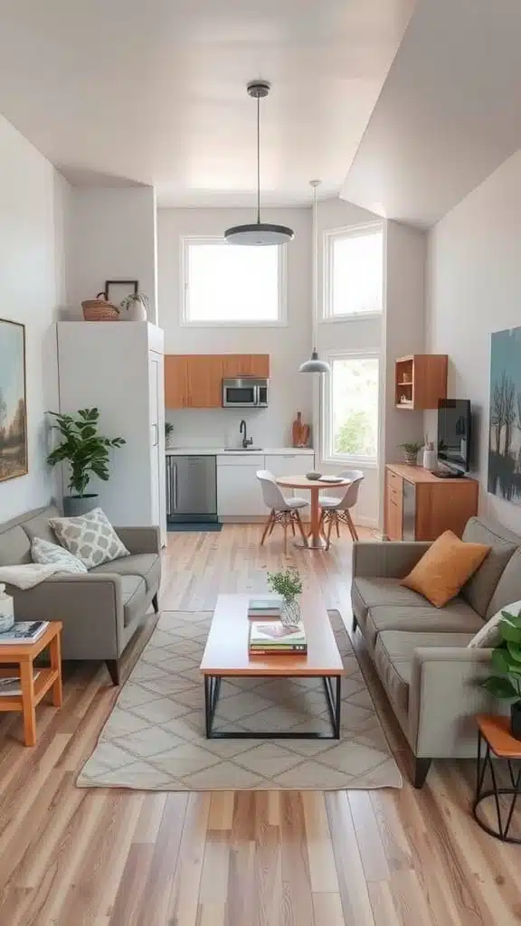 Open_concept_layout A cozy open concept living room and kitchen layout in a tiny cottage showcasing modern furniture and warm colors