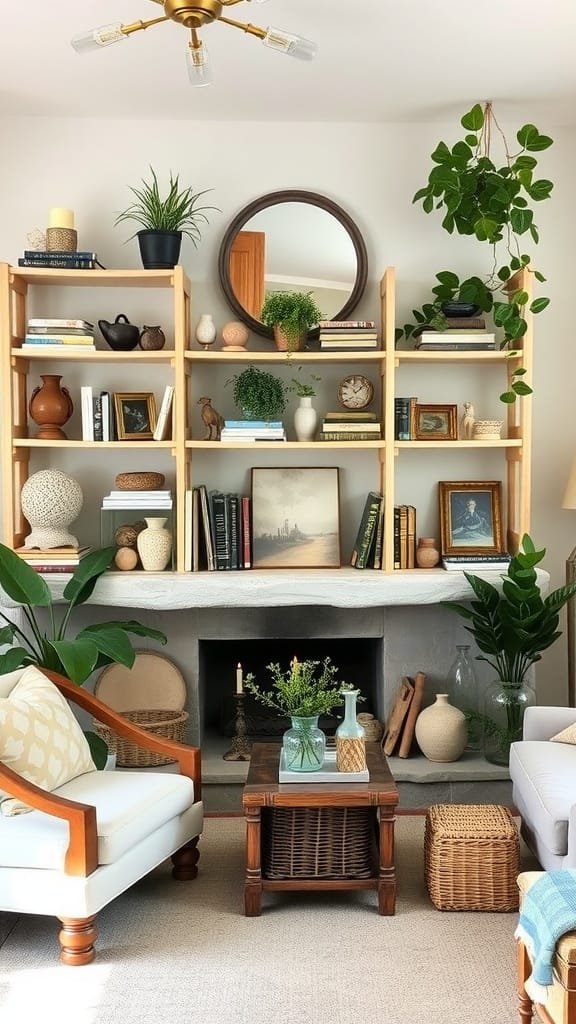 Open_shelving_displaying_personal_treasures A cozy living room featuring open shelving filled with personal items plants and books