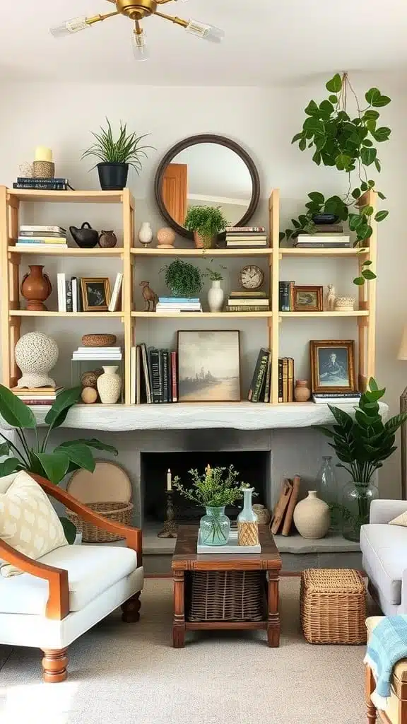 Open_shelving_displaying_personal_treasures A cozy living room featuring open shelving filled with personal items plants and books