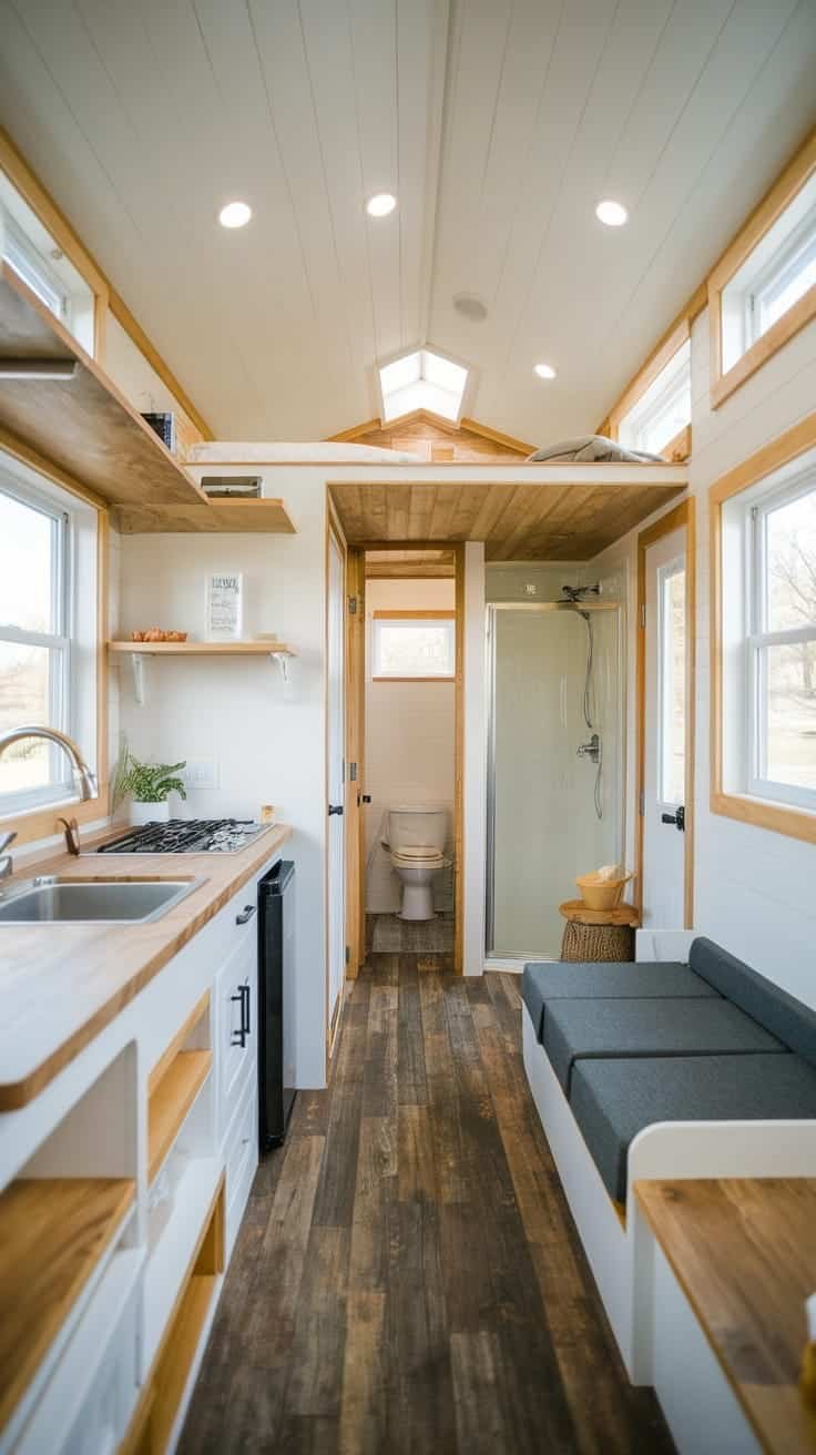 Optimizing_space_in_a_tiny_house_park_model Interior view of a tiny house showing space optimization with storage and layout