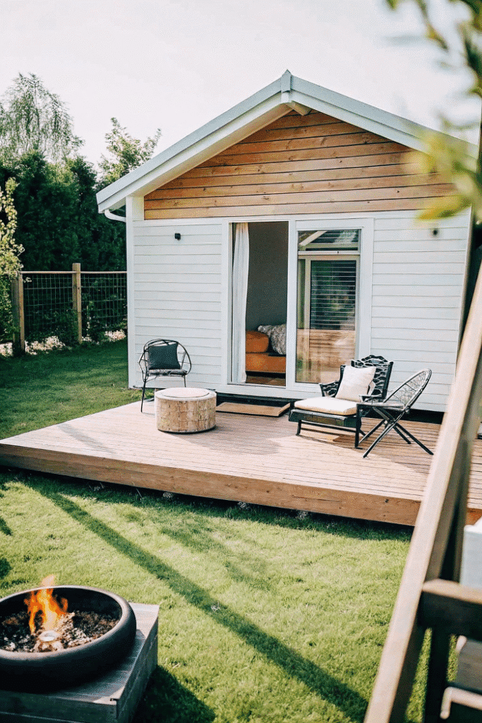Outdoor spaces A Swedish tiny house with a cozy outdoor space featuring a fire pit and comfortable seating